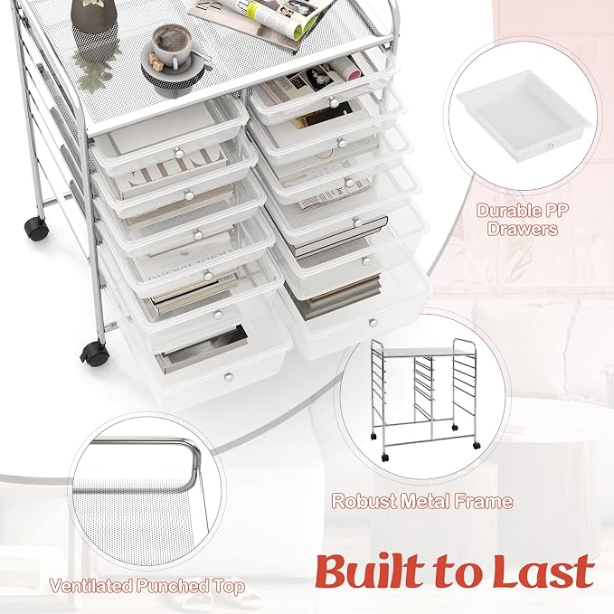 BECOMFORT 12-Drawer Rolling Cart with Drawers, Storage Cart on Wheels, Teacher Classroom Organizers with Metal Frame, Mobile Craft Cart, Trolley Utility Cart for School Office Play Room