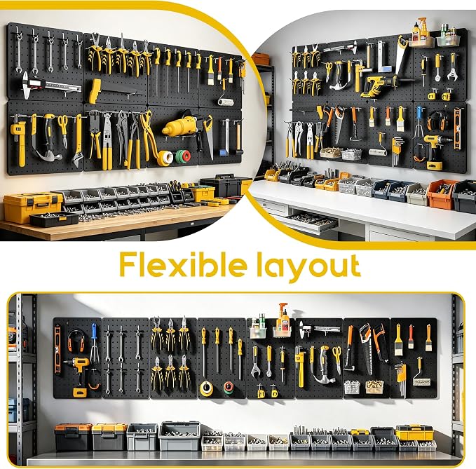 Peg board, Metal Pegboard for Tools, 8 Pack Black Wall Organizer with Hooks | 14.76"x10.82" steel panels with 36 hooks, 6 bins and peg locks for garage tools, kitchen, office and craft storage