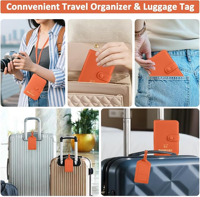 Passport Holder RFID Protected Wallet and Luggage Tag with Protection Cover Travel Accessories Leather Card Case Organizer for Women Men (Orange)