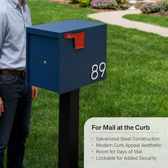 Adoorn Lockable Post Mount Mailboxes for Outside - Large Anti-Theft Locking Mailbox for Packages and Letters - Weatherproof Construction - Durable Steel - 15.5" H x 12" W x 18.5" D - Navy