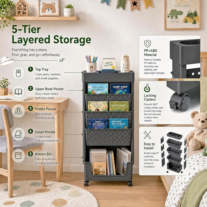 BYFU 5-Tier Rolling Bookshelf Cart, 30.7" H, Black | Movable with Wheels, File Paper Storage Organizer, For Home Office Study Classroom