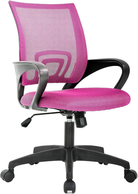 BestOffice | Ergonomic Office Chair | Mid-Back Swivel Desk Chair | Breathable Backrest & Lumbar Support | Adjustable Height | Sponge Seat | Rolling Wheels | Pink | for Adults & Women