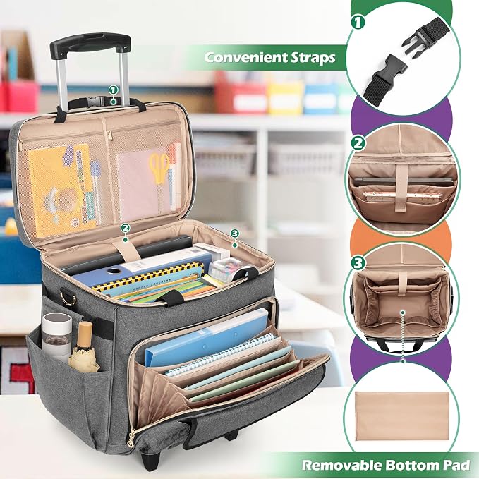 LUXJA Rolling Teacher Bag with Wheels and 15.6" Laptop Compartment, Gray | Rolling Briefcase for Women with Accordion File Area, Teacher Tote Bag for Work with Detachable Dolly and Shoulder Strap