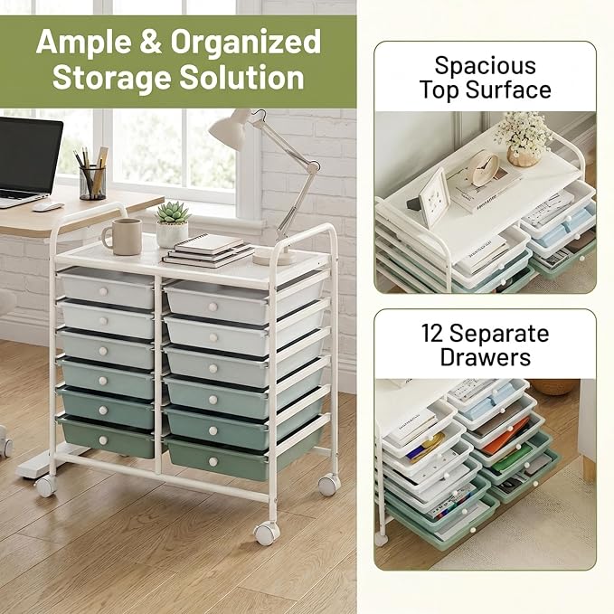 COSTWAY 12-Drawer Rolling Storage Cart, Utility Storage Organizer Cart | For Tools, Scrapbook, Paper, Craft, Multipurpose Art Supply on Wheels for Home Office School, Teacher, Green Gradient