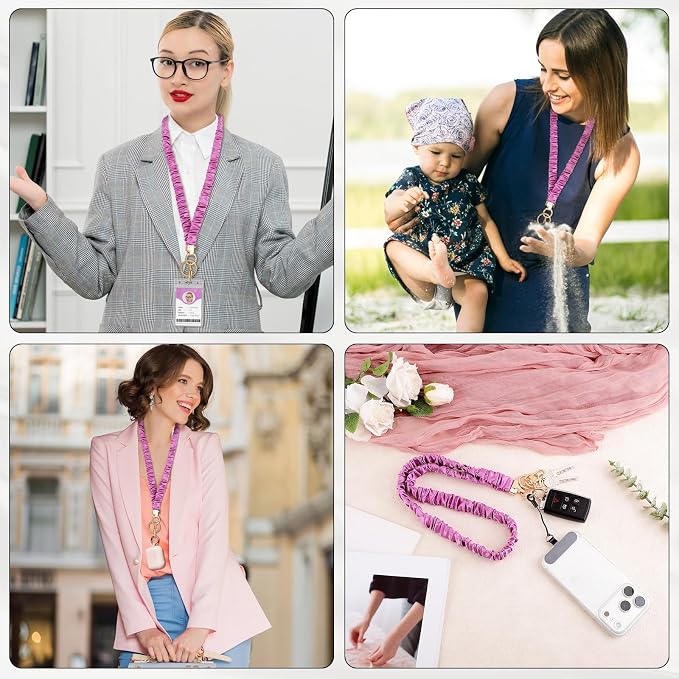Prudiut Scrunchie Lanyard for Id Badges, Retractable Teacher Lanyards Black Stretchy Scrunchie Lanyard with Id Holder for Women (Purple)