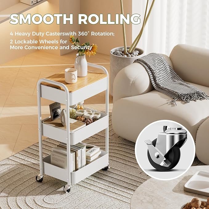 3-Tier Rolling Cart with Table Top, Metal Utility Cart on Wheels | Sturdy Storage Organizer Cart with Lockable Wheels&Hooks for Craft, Office, Classroom, Kitchen and Bathroom, WHite