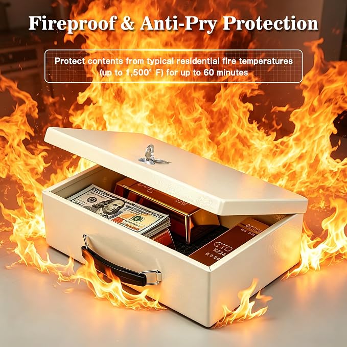 xydled Fireproof Document Box with Key Lock, Fire Safe Box, White | Fire and water resistant lock box for documents, passports, cash and valuables, keeping secure at home, 12.8 x 8.5 x 4.5 Inch