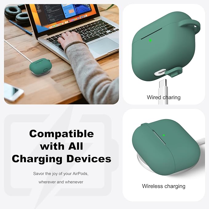 R-fun for AirPods Pro 2 Case, Soft Silicone Protective Cover with Keychain and Cleaning Pen, Compatible with AirPods Pro 2nd/1st Generation, Supports Wireless Charging, Pine Green