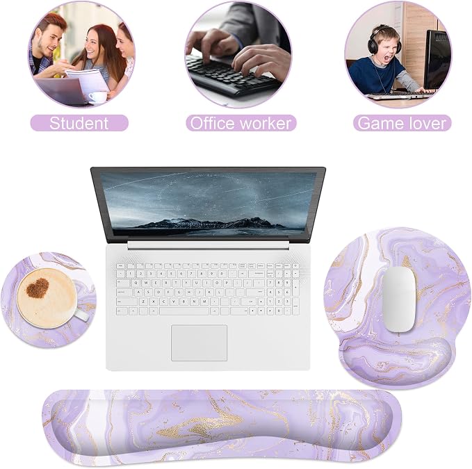 Ergonomic Mouse Pad with Wrist Rest and Keyboard Wrist Rest, Mousepad | Memory Foam Wrist Rest for Computer Keyboard, Pain Relief, Non-Slip Base, Mouse Pad Wrist Support for Gaming, Purple Marble