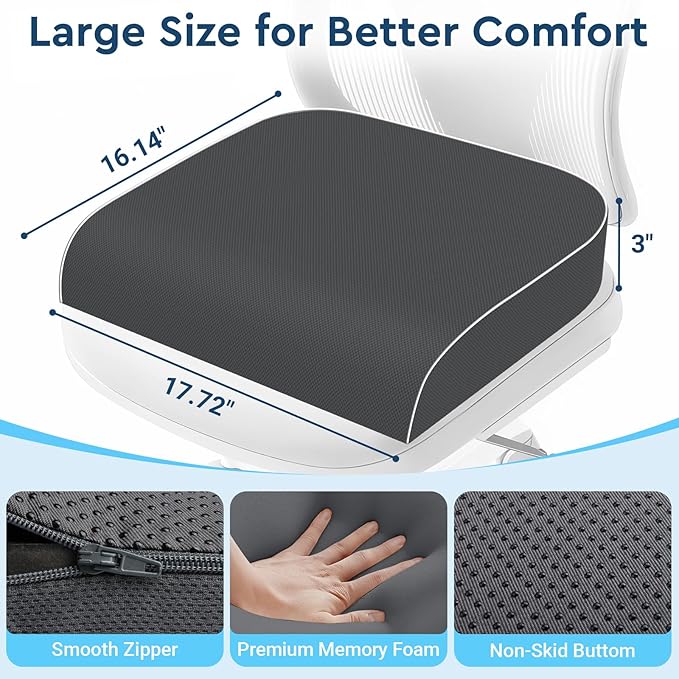 Seat Cushion, Memory Foam Office Chair Cushions for Long Sitting Hours, Chair Pad for Sciatica, Coccyx, Tailbone, Hip Pain & Pressure Relief, Office, Home, Car Seats, Airplane, Gray/Large