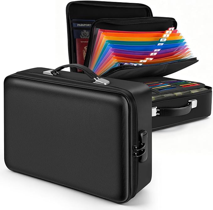 Fireproof Document Box with Lockable Zipper, Waterproof Hard-Shell Case, 13 Pockets Accordion File Folder, Multi-Layer Portable Travel, Home & Office Safe Storage Box for Important Papers, Cash (L)