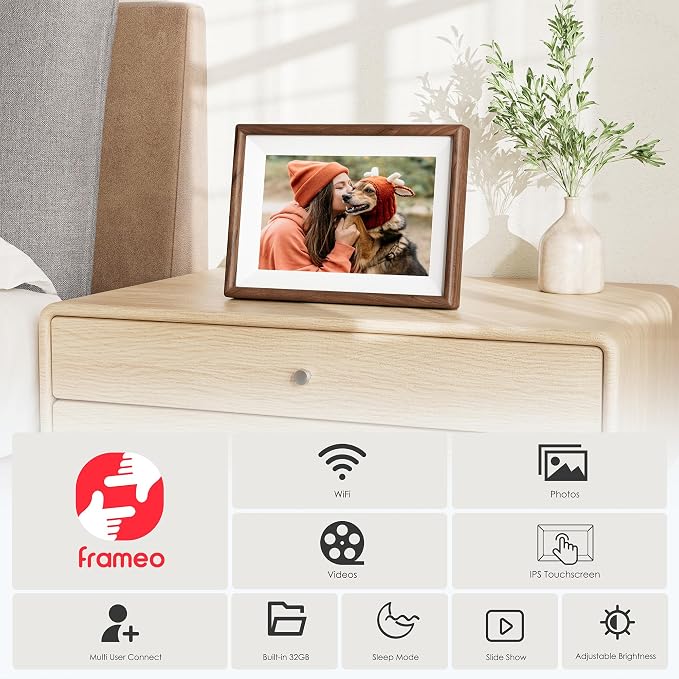 Frameo 10.1" Smart Digital Picture Frame with Walnut Moulding, 16:9 1280p HD IPS Touchscreen Display, 32GB Storage, MicroSD Slot, Plug-in Power, Easy Wireless Photo & Video Sharing, Idea