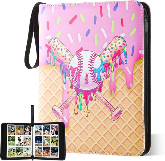 Ice Cream Drip Pattern Baseball Card Binder Waterproof Trading Card Binder Portable Collector Cardholder Album Case Gifts Baseball Cardholder for Boys Sports Game Supplies(900 Pocket,Pink)