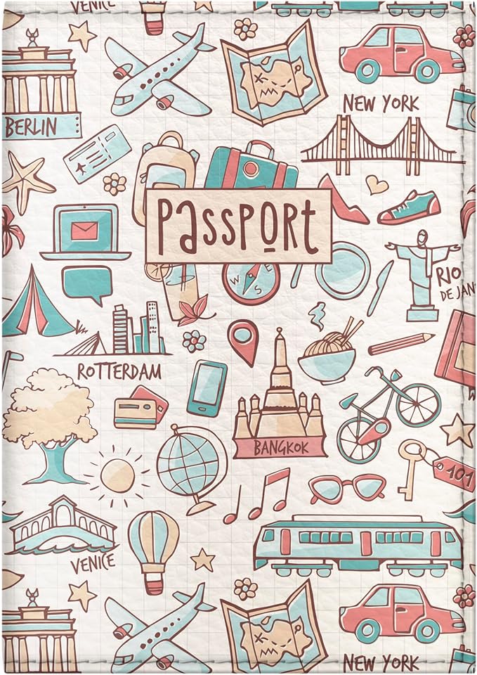 Passport Cover for Kids, Women and Men, Cute Travel Passport Holder (Light Travel Pattern)