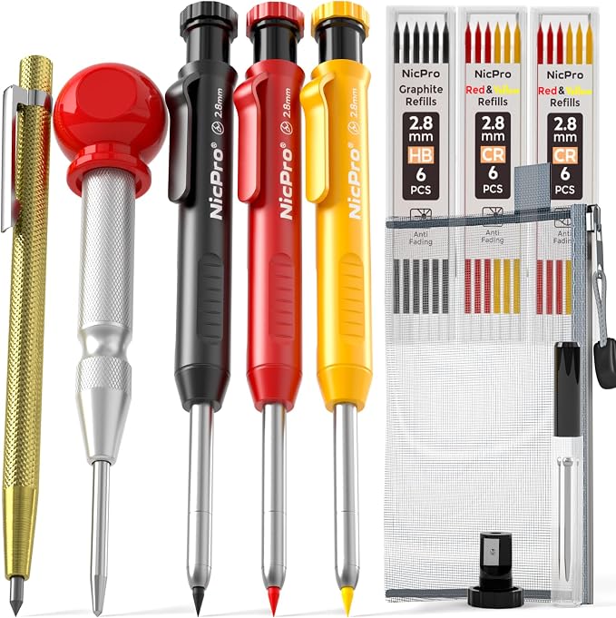 Nicpro 10 Pack Carpenter Pencils Mechanical, Construction Pencils with 21 Refill, Automatic Center Punch and Carbide Scribe Tool, Mechanical Pencil for Woodworking, Best Carpenters Marking Tool | Heavy Duty Construction Pencils, Comfortable Grip Woodwo...