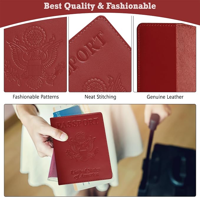 US Leather Passport Book Cover - Thin American Travel Passport Holder - Premium International USA Passport Protector Case for Women Men (Red)