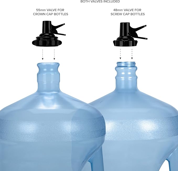 Brio Stainless Steel 3-5 Gallon Water Jug Stand and 2 Dispenser Valves, Rust-Resistant Non Slip Water Stand with BPA Free Fast Flow Water Spout Fits BOTH 48mm and 55mm Bottles 2 CAPS INCLUDED (Black)