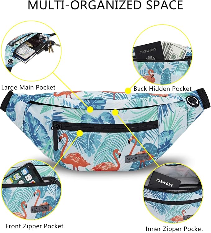 Large Fanny Pack Belt Bag with Adjustable Straps Waist Pack for Men Women | Flamingo Print4-Zipper Pockets,Ideal Gifts for Traveling Hiking Casual Waist Pack Carrying All Size Phones