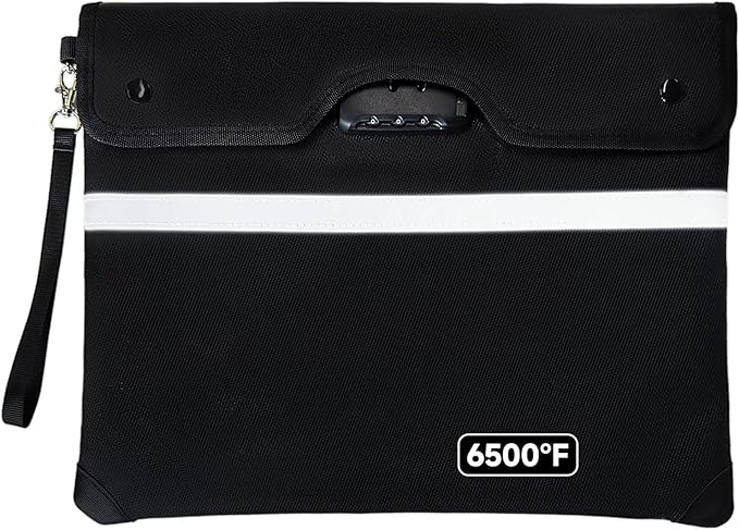 Upgraded 6500°F Fireproof Document Bag with Lock, Waterproof 9-Layer Heat Insulated | Dual-Liner Card Slot Money Bag with Zipper/Reflective Strip for Passport, Important Paper, Cash(15 x 12In)