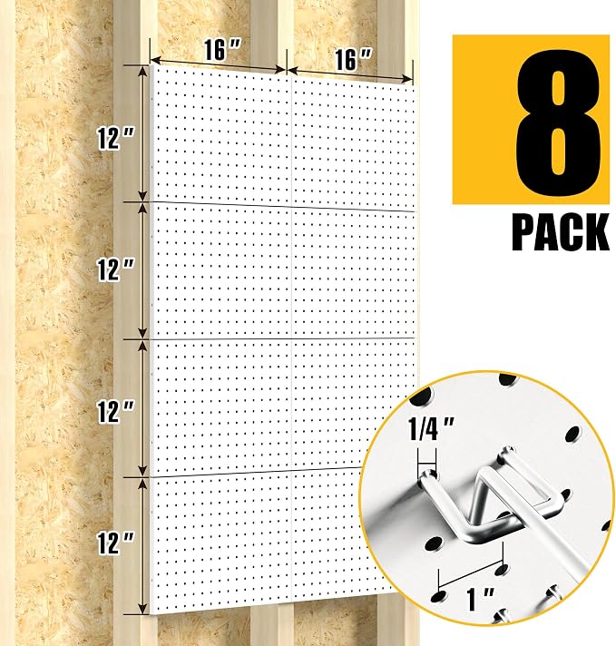 Spampur Peg Board, 8 Pack Metal Pegboard Panels with 50 Hooks | White Pegboards Wall Organizer, Peg Board for Walls Home, Garage Tool Storage, Desk Office Organization, Craft Room