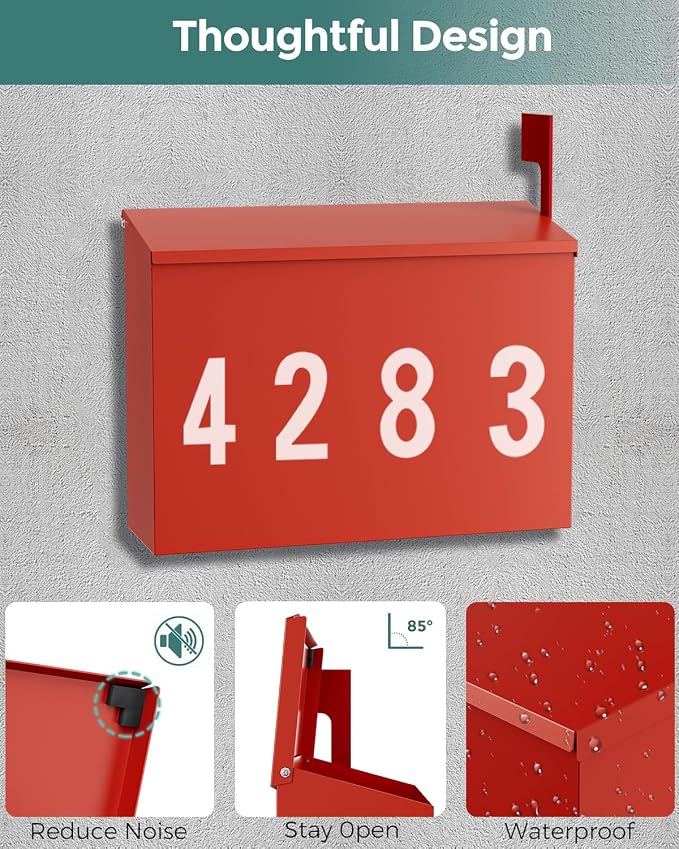 LAND·VOI Wall-Mount Mailbox with One Flag Kit and Three Sets of 0-9 Mailbox Number Stickers, Mailboxes for Outside, Galvanized Steel Rust-Proof Metal Post Box, 4.33" Dx14.2 Wx10.43 H, Red