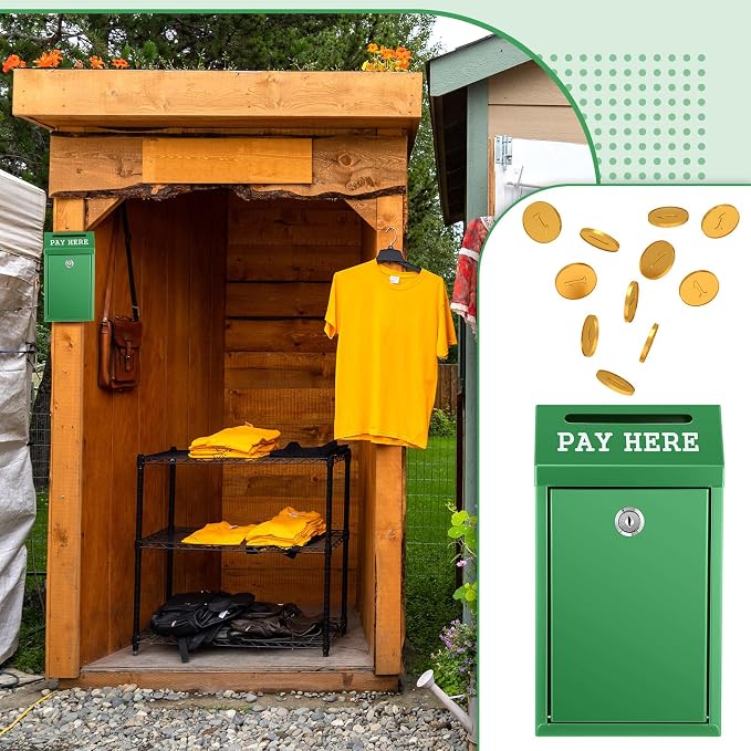 Yaocom Safe Metal Cash Box for Farm Stand – Money Drop and Secure Donation Collection, Wall Mount Lockable Unit with Pre Drilled Holes for Outdoor Self Serve(Green,10.2 x 5.7 x 2.8 Inch)