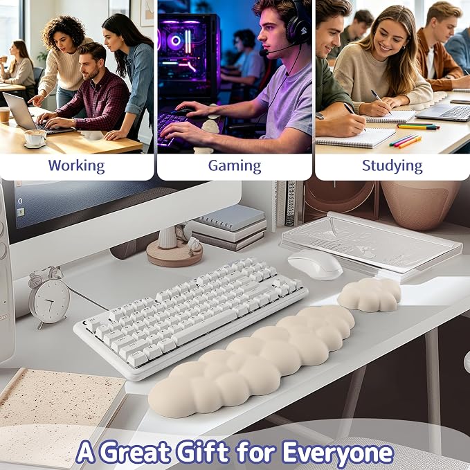 Cloud Wrist Rest Keyboard, Cloud Keyboard Wrist Pad Set with PU Leather Memory Foam, Cute Arm Rest for Palm Support, PC/Gaming Desk Accessories/Office Setup/Computer Hand Cushion - Beige