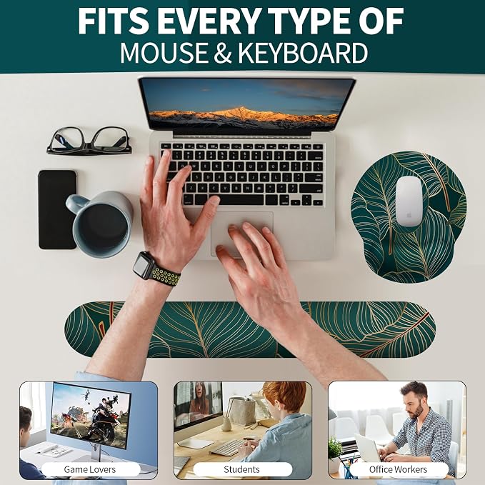 Mouse Pad Wrist Support, Ergonomic Memory Foam Keyboard Wrist Pad & Gel Wrist Rest Set for Computer Keyboard for Easy Typing & Pain Relief for Office & Home (Tropical Plants Set)