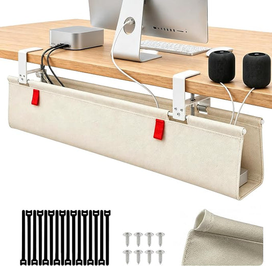 Under Desk Cable Management No Drill – 48" L x 6" W Cord Organizer, Upgraded Silicone Pads (No Scratch!), 16 Cable Slots, Washable PE Honeycomb Base, Fits Desks 0–2.1" Thick, Beige