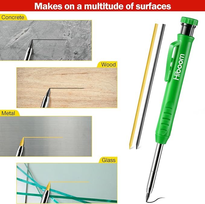 Hiboom Mechanical Carpenter Pencil with 7 Leads, Deep Hole Marker, Green | Built-In Sharpener, Long Nose Construction Pencil, Pocket Clip Design, Woodworking Tools, Marks on Various Surfaces