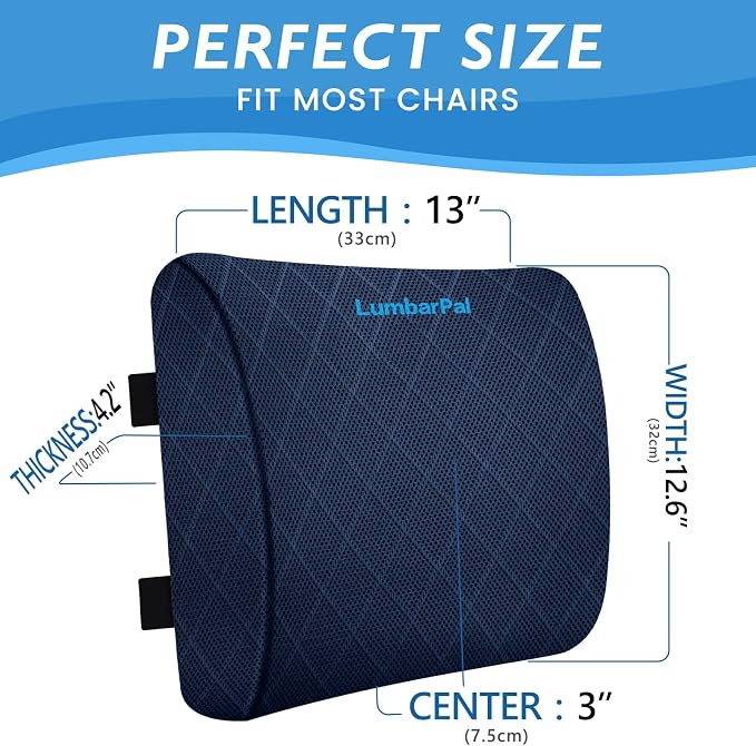 Lumbar Support Pillow for Office Chair, Back Support, Memory Foam, Blue | Improve Sitting Posture & Back Pain Relief. Lumbar Pillow Fits Office, Gaming & Car Chairs with Adjustable Dual Straps