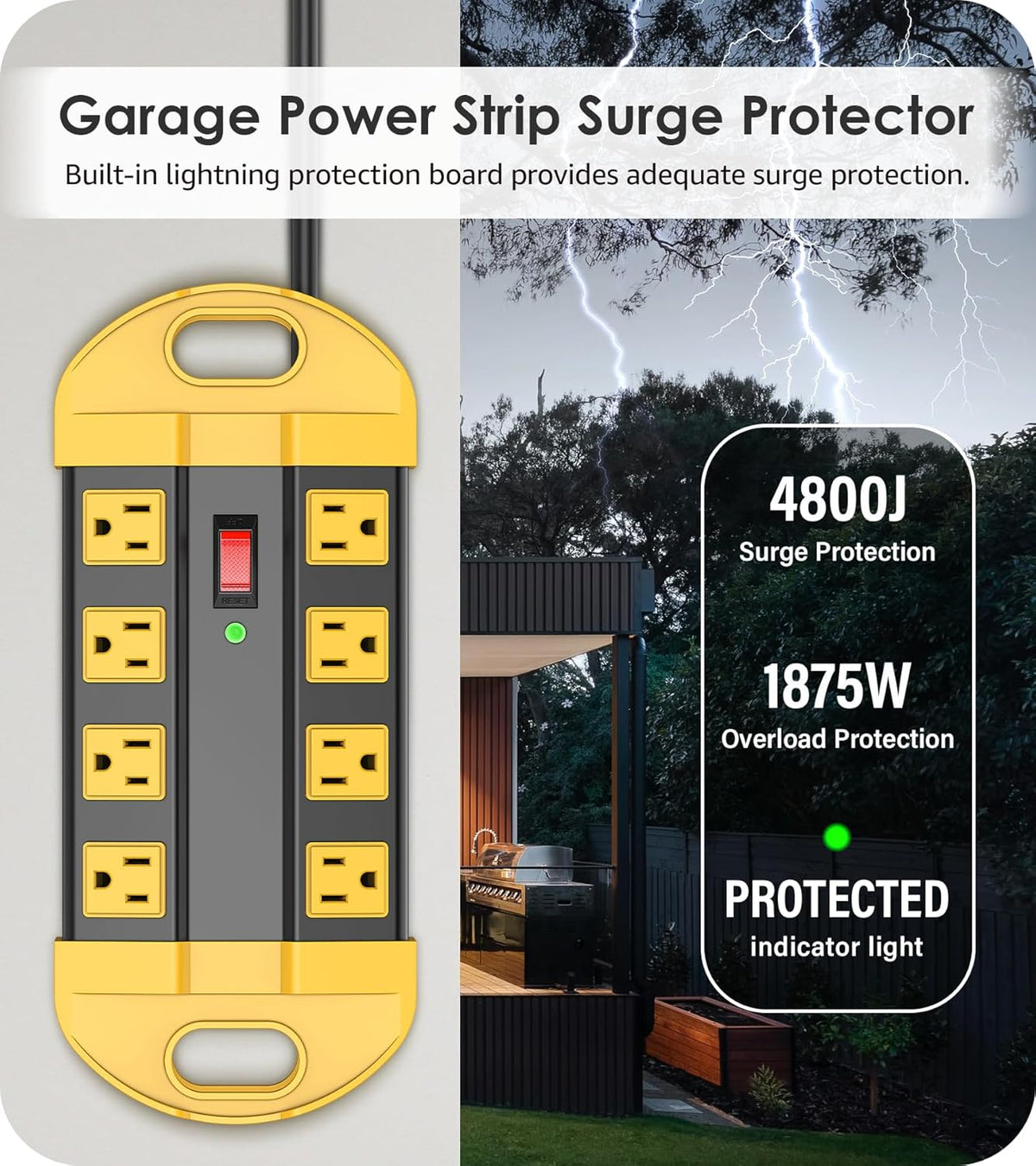 CCCEI Heavy Duty Power Strip Surge Protector, Metal 8 Outlets Power Strip for Appliance. Garage Shop Industrial Workbench 15 AMP Outlets Strip. 10FT Extension Cord. Set