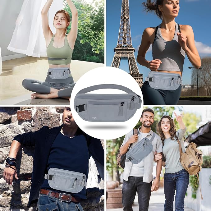Money Belt for Travel, RFID Blocking, Hidden Money Belt, Passport Holder for Travel (Grey)