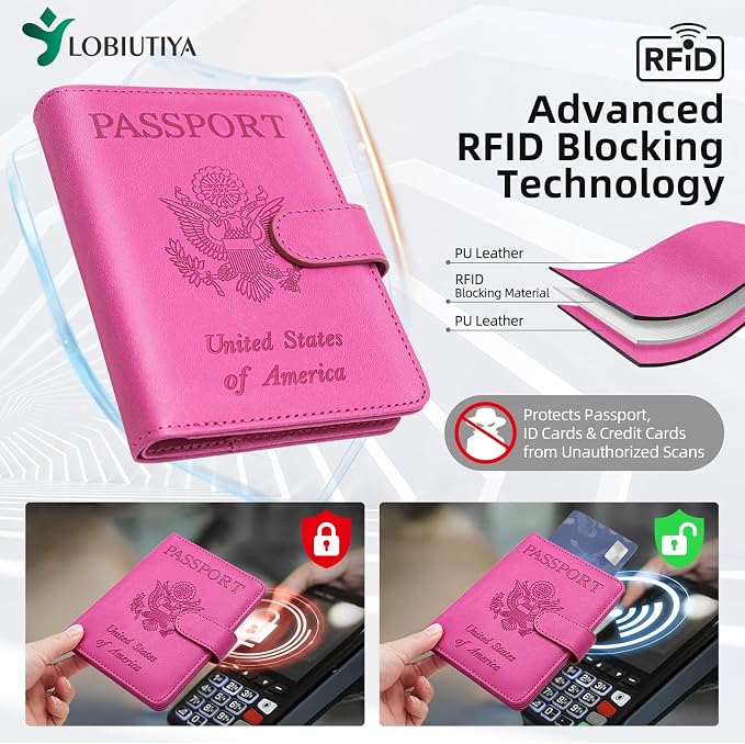 Passport Holder For Travel with Slot for AirTag & Luggage Tag Cover – RFID Blocking Travel Passport Wallet for Women/Family | PU Leather Passport Case with Extra Money Pocket, Pink