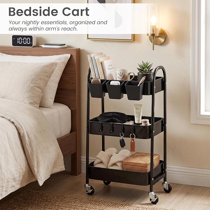 3-Tier Rolling Cart, Utility Cart Mobile Metal Rolling Storage Cart with Lockable Wheels & Hanging Cups & Hooks for Kitchen, Bathroom, Office, Workshop, Black
