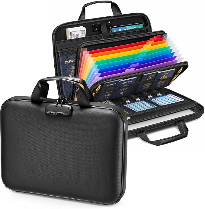 Fireproof Document Box with Lock, Hard case Fireproof File Organizer with 13 Pocket Accordion File Folders, Portable Safe Box for Home Office Travel to Storage Important Documents Laptop