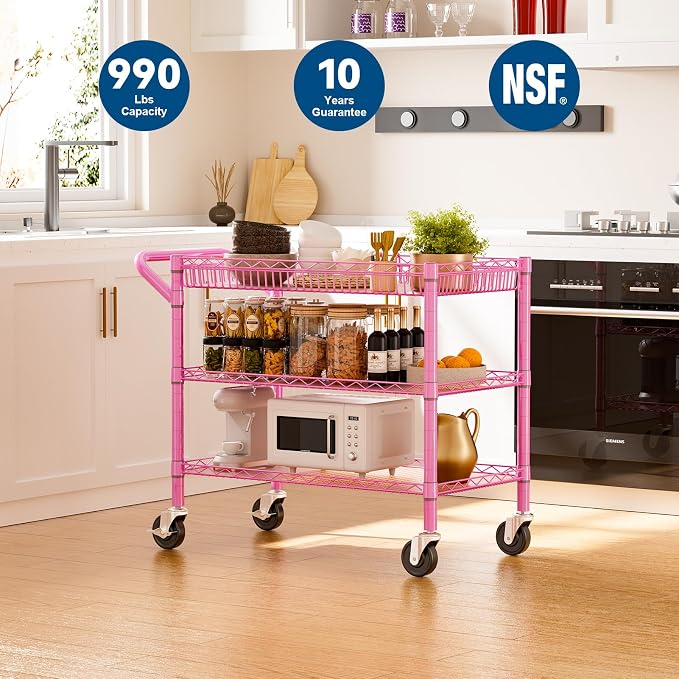 Pink Rolling Utility Cart with Wheels, 990Lbs Heavy Duty Metal Cart with Handle & Shelf Liners, NSF Certified 3-Tier Storage Trolley for Esthetician, Kitchen, Salon & Craft Room, Pink