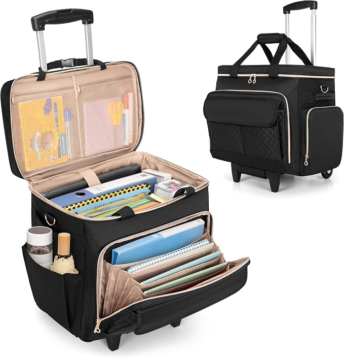 LUXJA Rolling Teacher Bag with Wheels and 15.6" Laptop Compartment, Black | Rolling Briefcase for Women with Accordion File Area, Teacher Tote Bag for Work with Detachable Dolly and Shoulder Strap