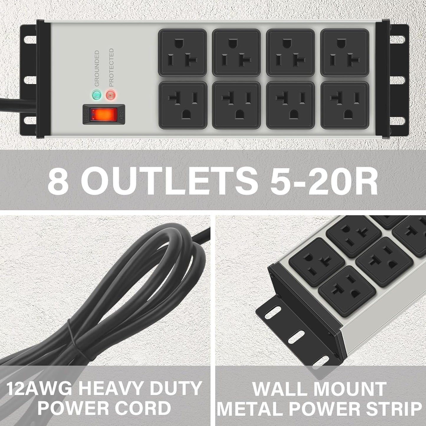 CCCEI Grey Heavy Duty Power Strip Surge Protector 20 AMP, 8 Outlets 12 Gauge Industrial Shop Garage Metal Multiple Outlets, 4 FT Extension Cord 5-15P Adapter High Amp 6-20R T-Slot 20a for Appliance