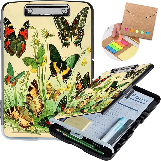 Clipboard with Storage,Storage Clipboard with Pen Holder,Heavy Duty Plastic Storage Clipboard with Low Profile Clip,Teacher Must Haves,Clipboard Folder,Office Supplies,Butterfly Flower -1352