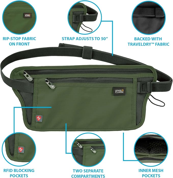 Lewis N. Clark Travel Money Belt Pouch, Slim RFID Blocking Anti Theft Waist Stash Pouches for Cash, Cards and Passport Holder