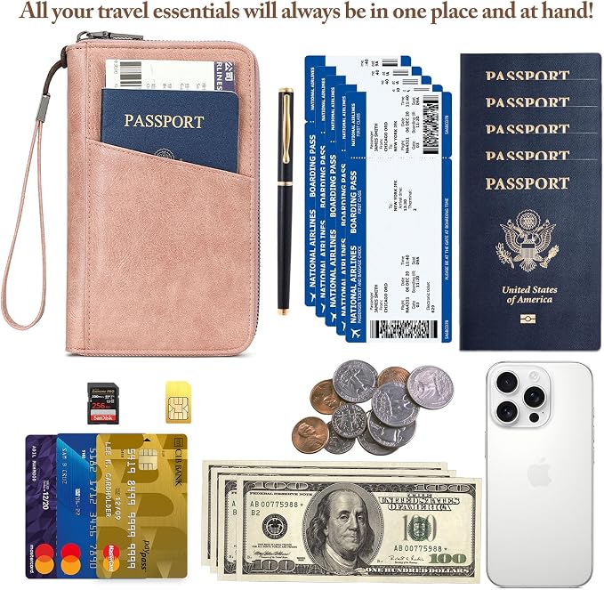 Family Passport Holder for Travel Women and Men Multiple RFID blocking Passport Holder MultiFunction Passport Wallet Passport Case Passport cover with Zipper