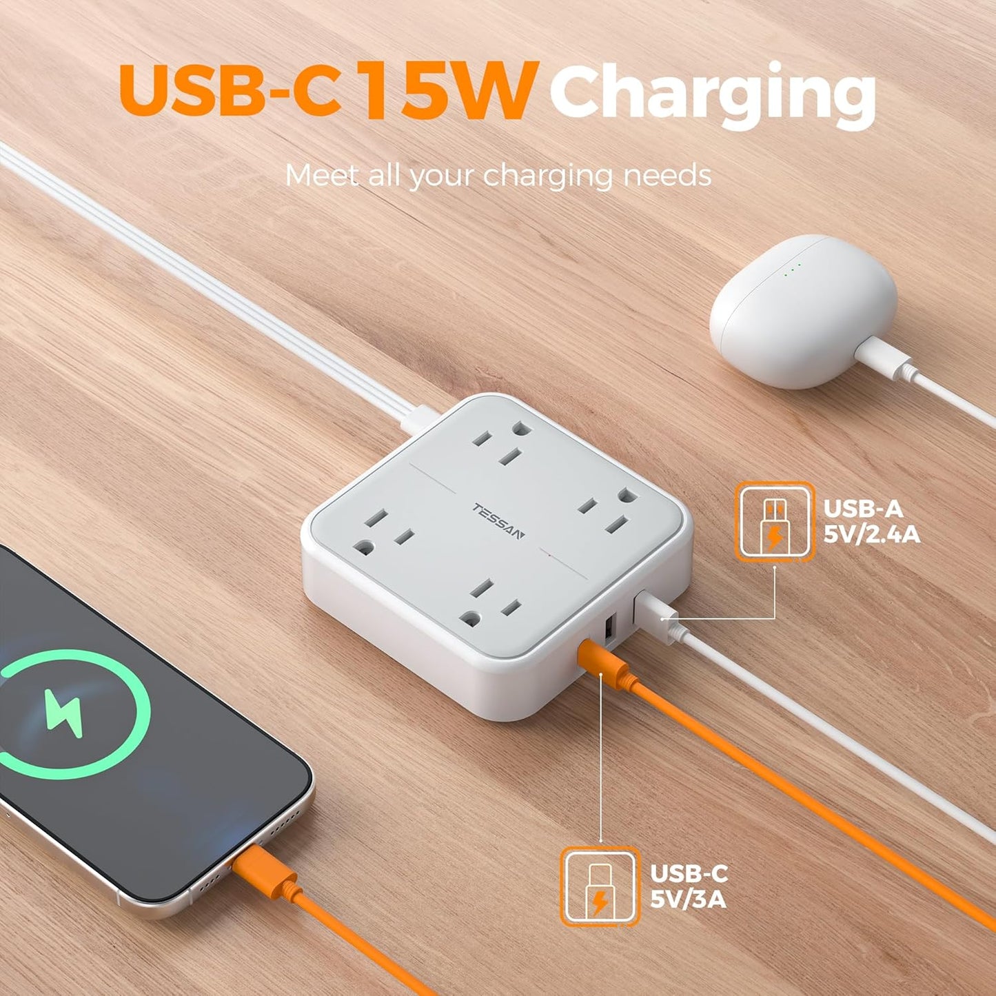 Surge Protector Power Strip, TESSAN Ring Pull Flat Plug Extension Cord 10 Ft with 3 USB (1 USB C) 4 Outlets, 900 Joules Protection, Desktop Charging Station for Home, Office, College, Dorm Room, Gray