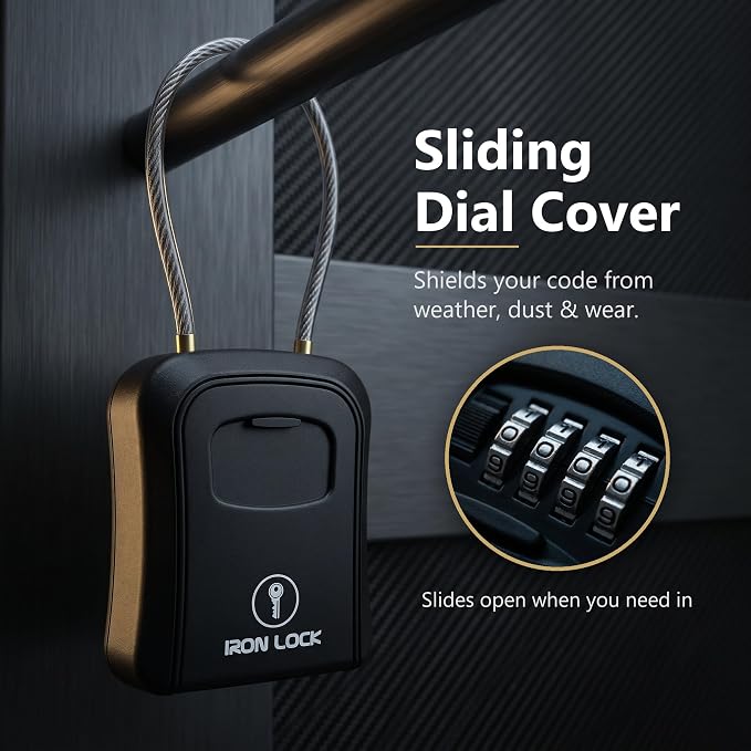 Iron Lock® Medium Key Lock Box with Code, 15-in Steel Cable Shackle (Black) | Built-in key hooks + catch tray; hangs on handles, gates, fences or a hasp; wall-mountable; dial cover; no batteries