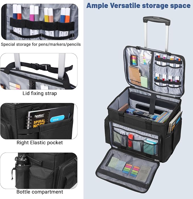 Rolling Teacher Bag Built-in Hard Support Board With Detachable Trolley | Waterproof nylon,35L large space,Multiple storage pockets,Fits 15.6 Inch Laptop