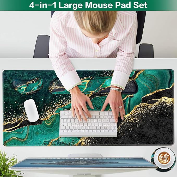Mouse Pad Green, Desk Mat, Large Gaming Mouse Pad with Wrist Rest 4in1 XXL | Mousepad Keyboard Wrist Rest+Mouse Pad Wrist Support+Cup Coaster Set Ergonomic Computer Desk Pad for Decor Office