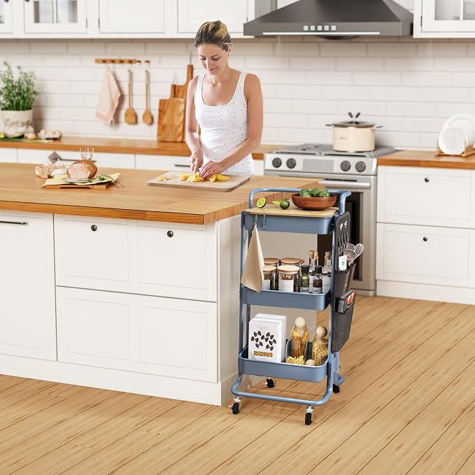 DTK 3-Tier Rolling Cart with Table Top, Metal Utility Cart with Side Bags | Tray Storage Organizer, Lockable Wheels, 4 Hooks, Art Cart for Kitchen, Bathroom, Office, Craft room, Living room, Blue