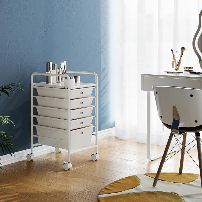 Rolling Storage Cart with Drawers 5-Tier Lock Wheels Office White | Utility Cart with 5 Drawers & 2 Lockable Caster, Multipurpose Mobile Drawer Cart for School Bathroom Kitchen
