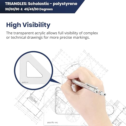 Pacific Arc's Scholastic Triangle - 8 inch - Clear - 45/90 Angle - Plain Edge - Polystyrene - Technical Drawing Tools, Drafting, Architect and Engineering.