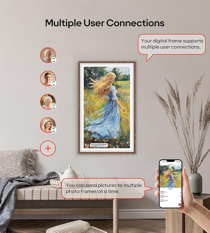 64GB Frameo 15.6" Digital Picture Frame Large 1920 x 1080 IPS FHD Touch Screen WiFi Electronic Photo Frames Share Moments Instantly Anywhere Best Gifts for Parents and Grandparents Brown Wood White